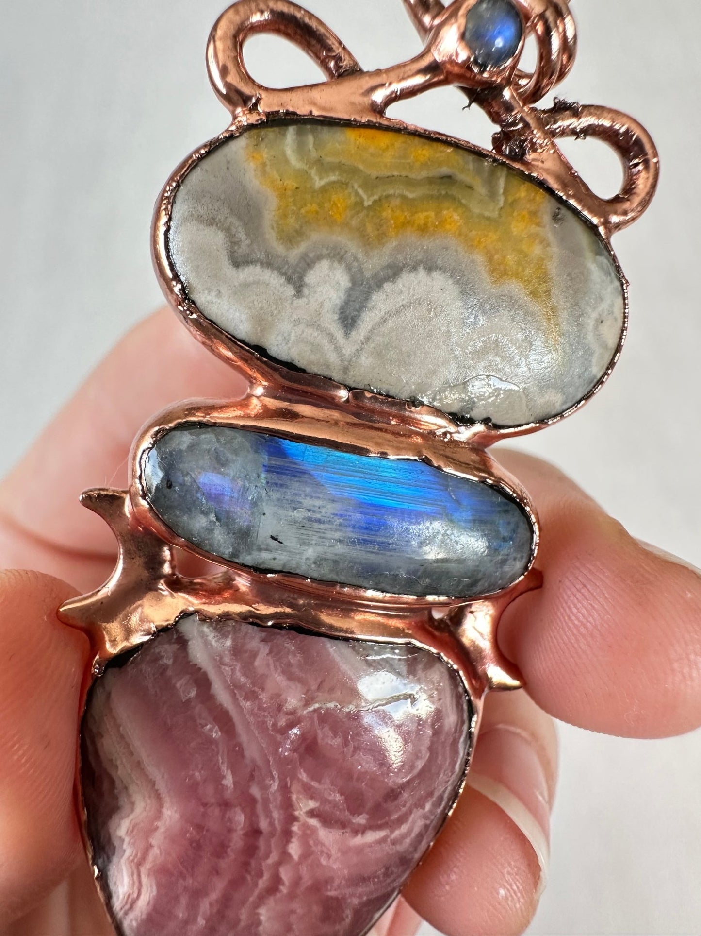 Bumblebee Jasper, Moonstone and Rhodochrosite Pendant - earthandelm