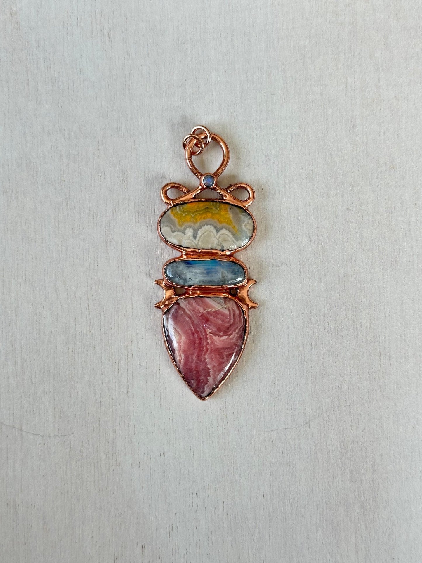 Bumblebee Jasper, Moonstone and Rhodochrosite Pendant - earthandelm