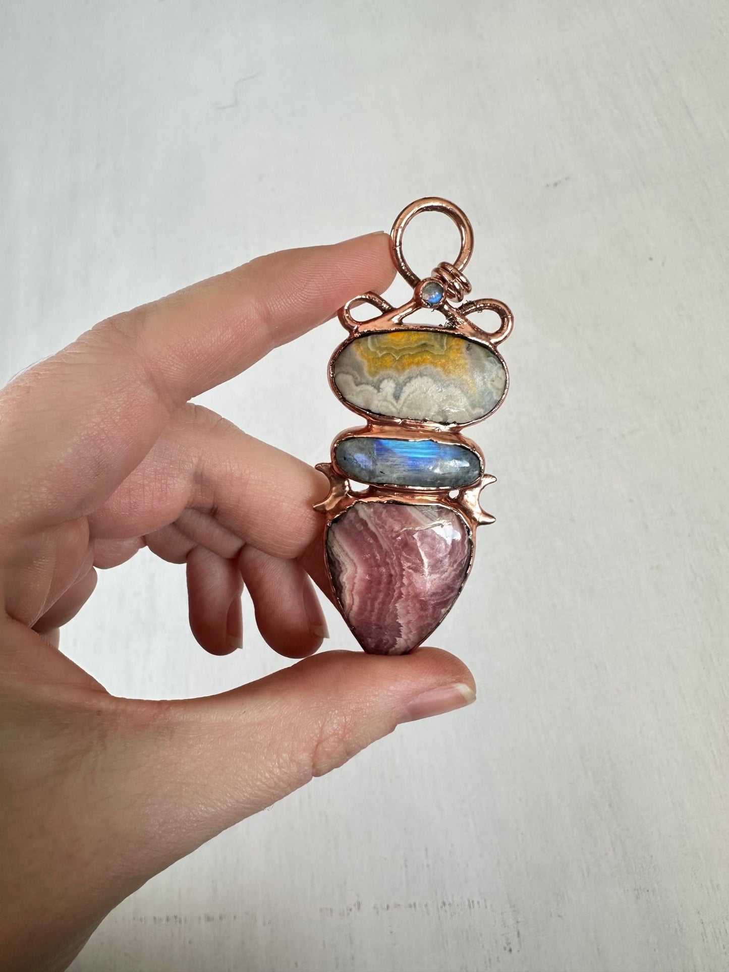 Bumblebee Jasper, Moonstone and Rhodochrosite Pendant - earthandelm