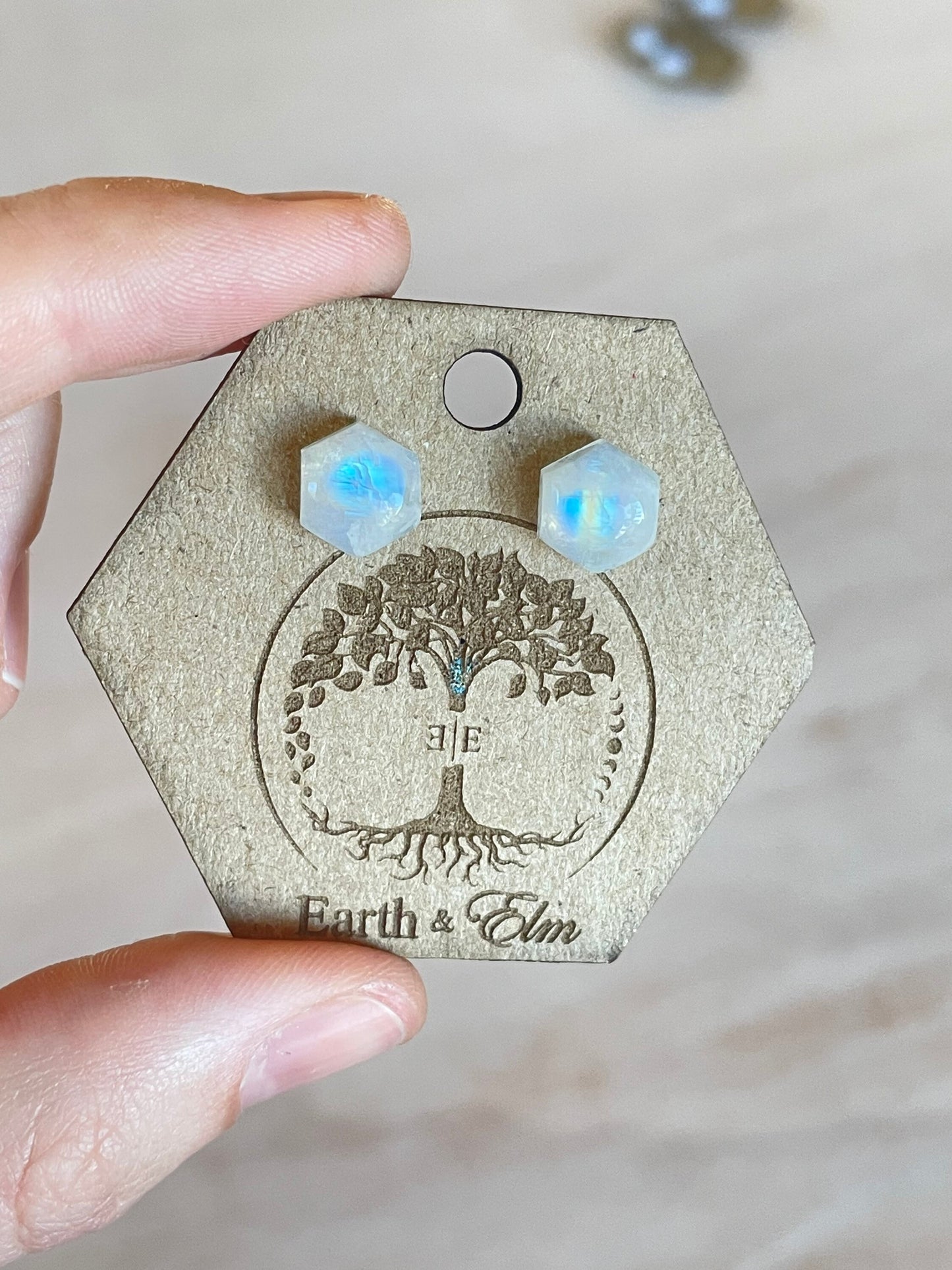 Moonstone Hexagon Cut Studs | Stud Earrings | Gemstone Earrings | 8mm Crystal Studs | 10mm
