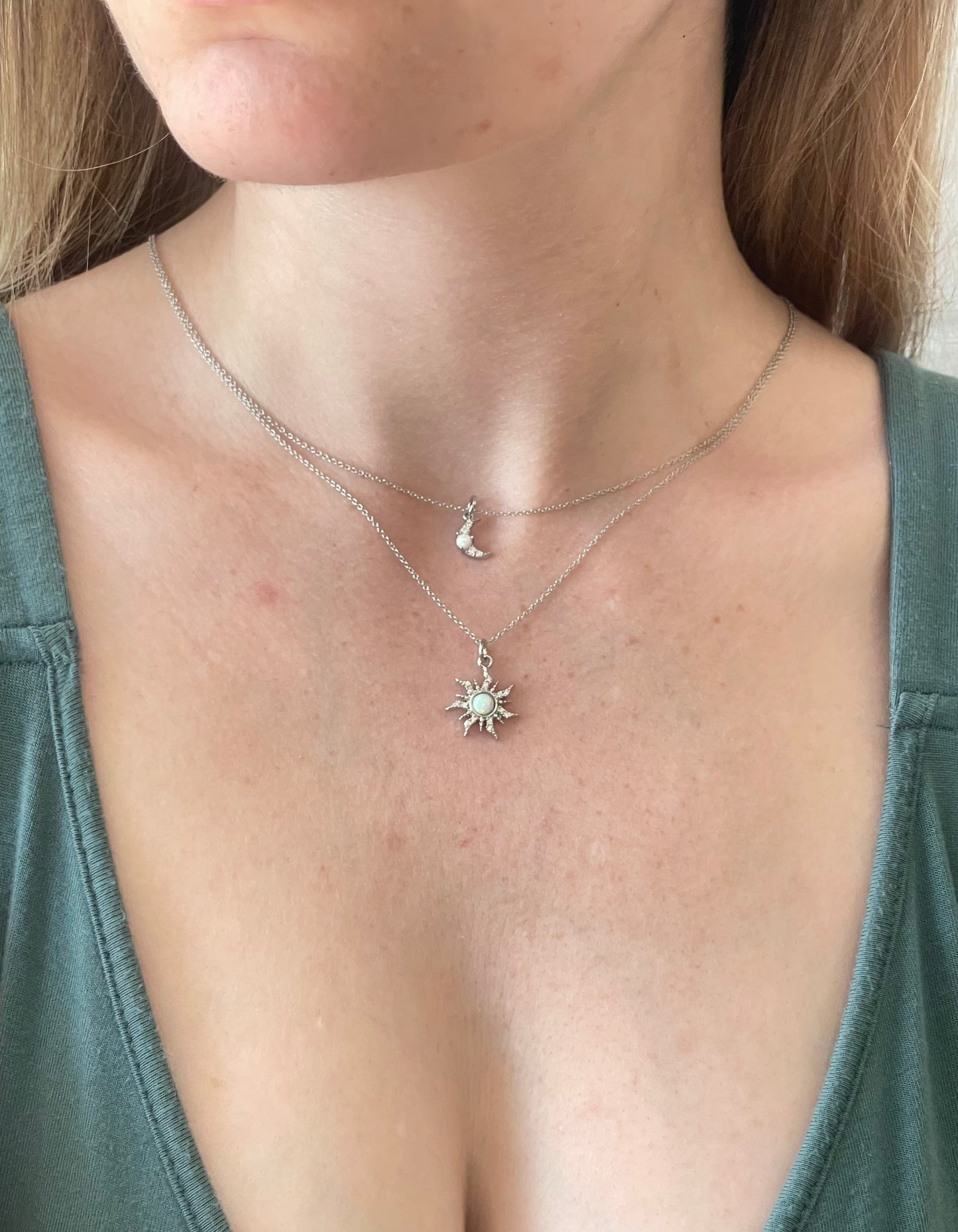 Silver Sun & Moon Necklace Set | Friendship Necklace | Minimalist Silver Opal Layering Necklace