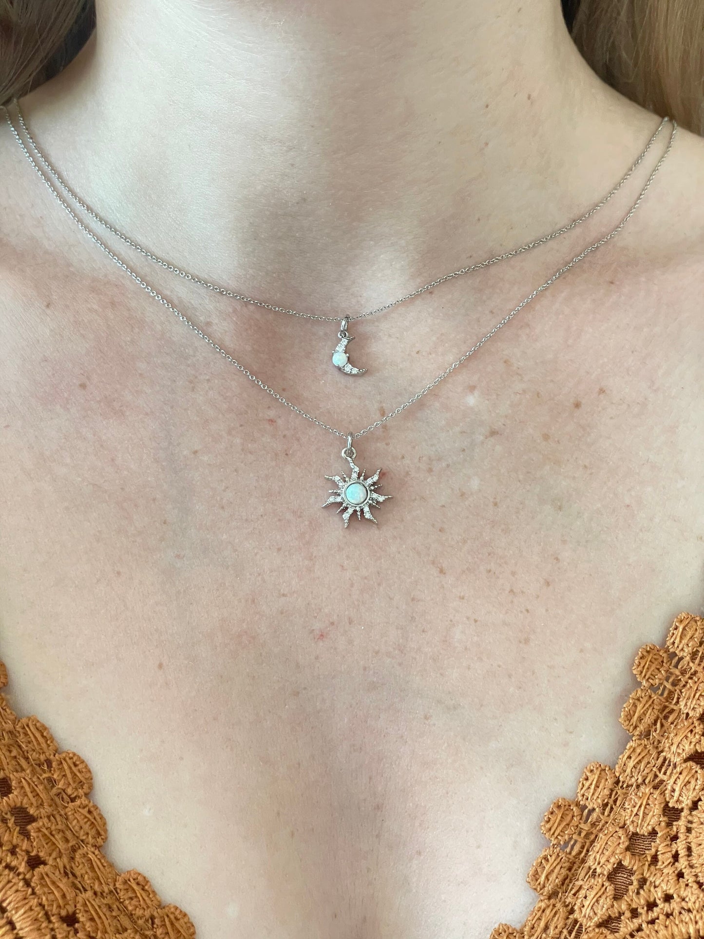 Silver Sun & Moon Necklace Set | Friendship Necklace | Minimalist Silver Opal Layering Necklace