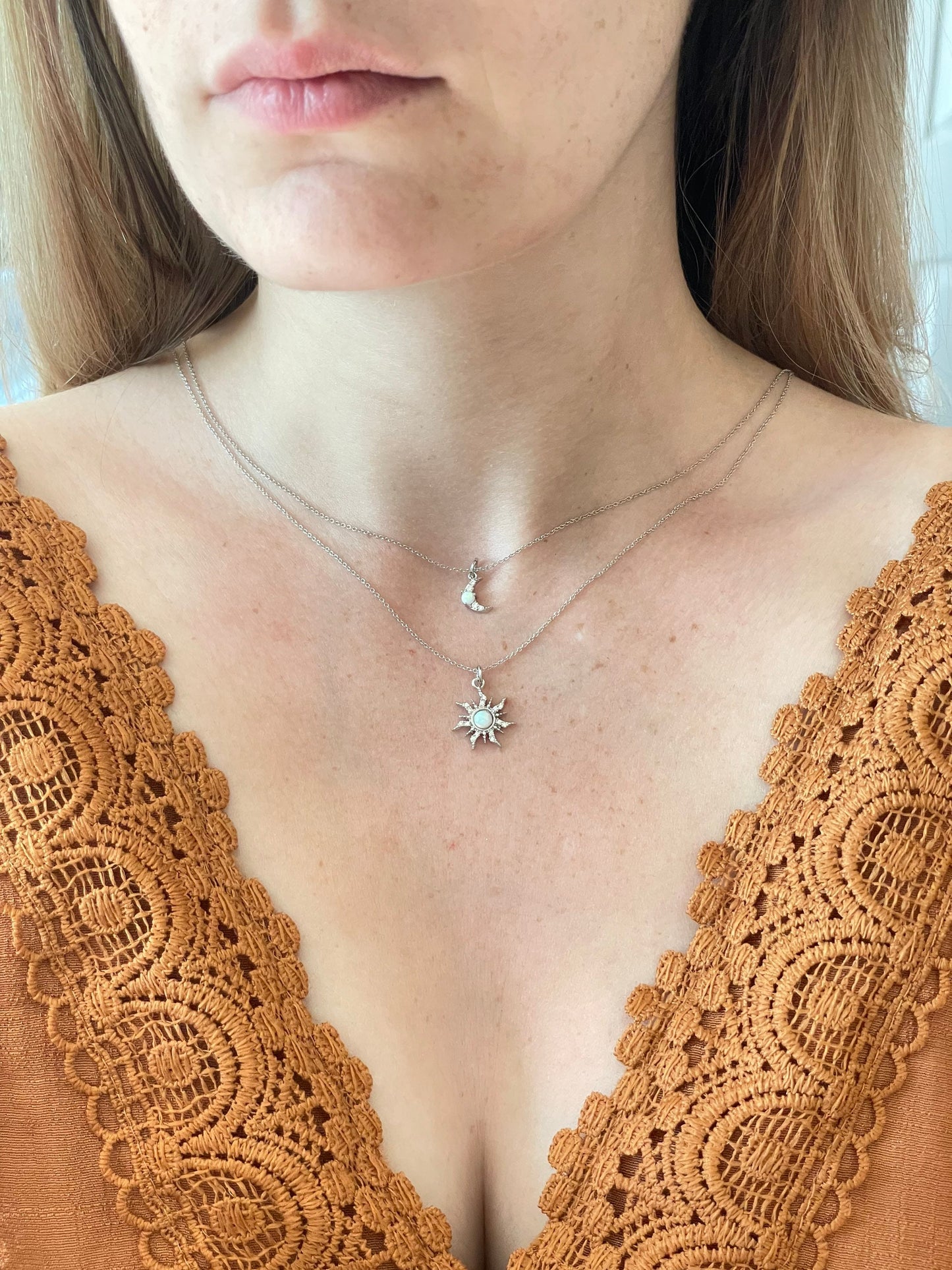 Silver Sun & Moon Necklace Set | Friendship Necklace | Minimalist Silver Opal Layering Necklace