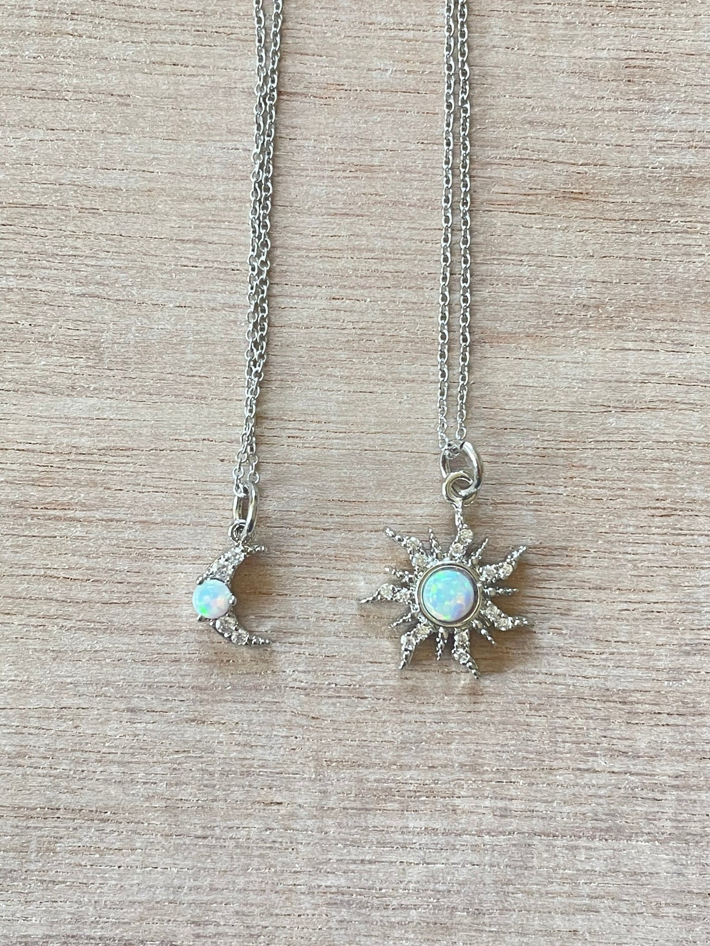 Silver Sun & Moon Necklace Set | Friendship Necklace | Minimalist Silver Opal Layering Necklace
