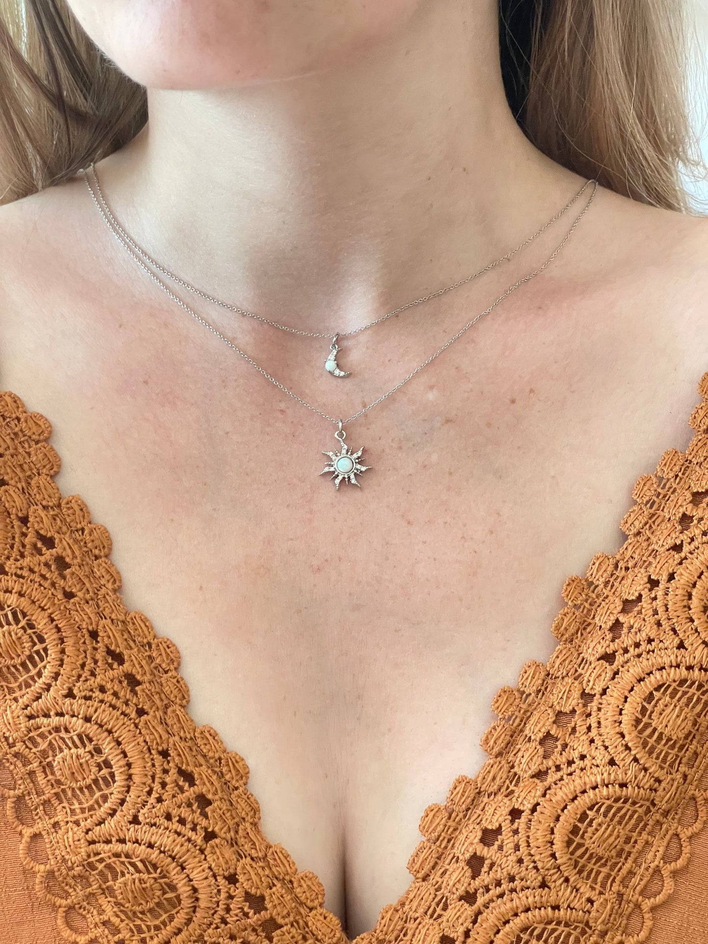 Silver Sun & Moon Necklace Set | Friendship Necklace | Minimalist Silver Opal Layering Necklace