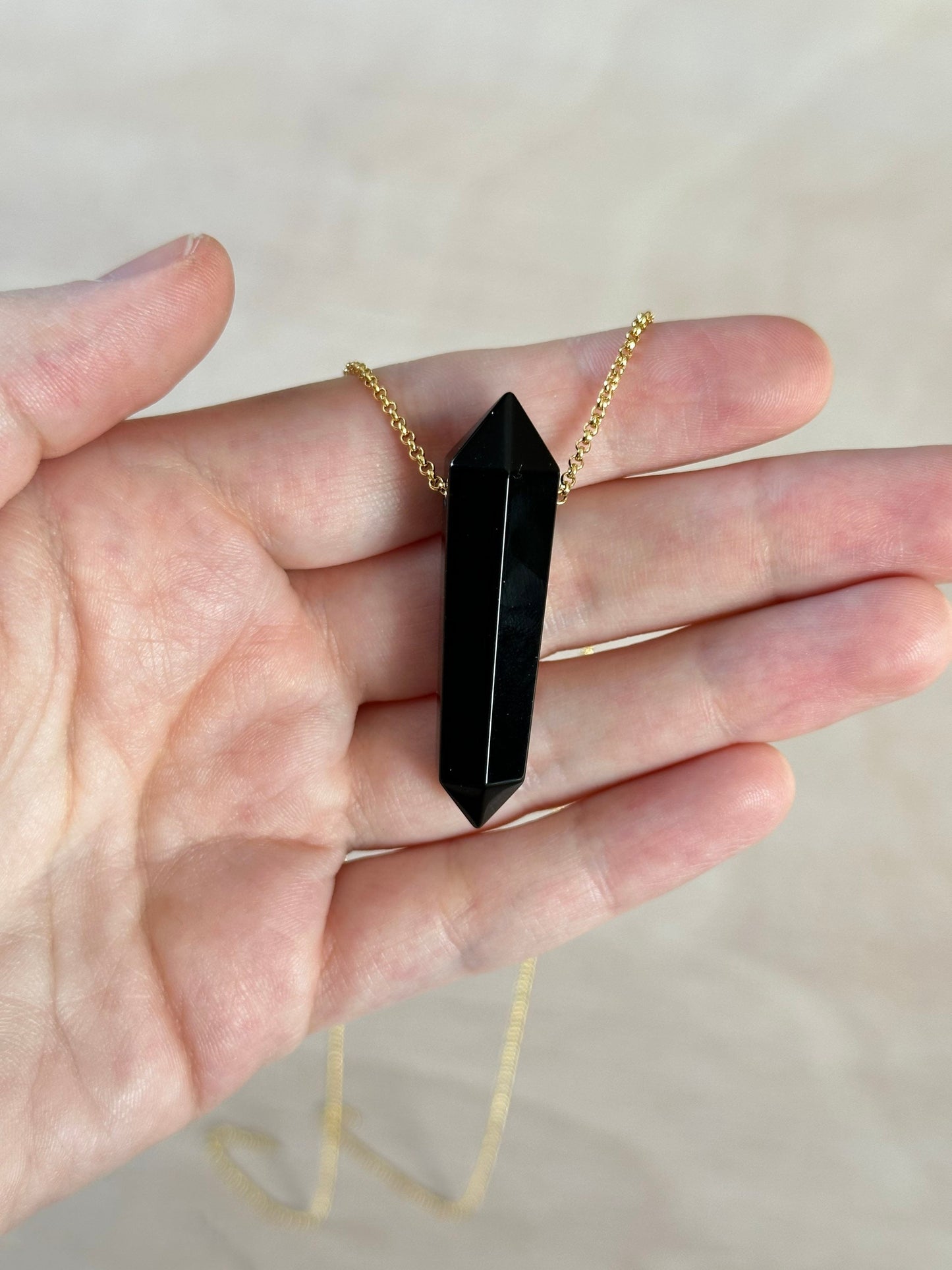 Obsidian Point Necklace | Crystal Gemstone Tower Pendant | Double Terminated Crystal | Black Obsidian Jewelry