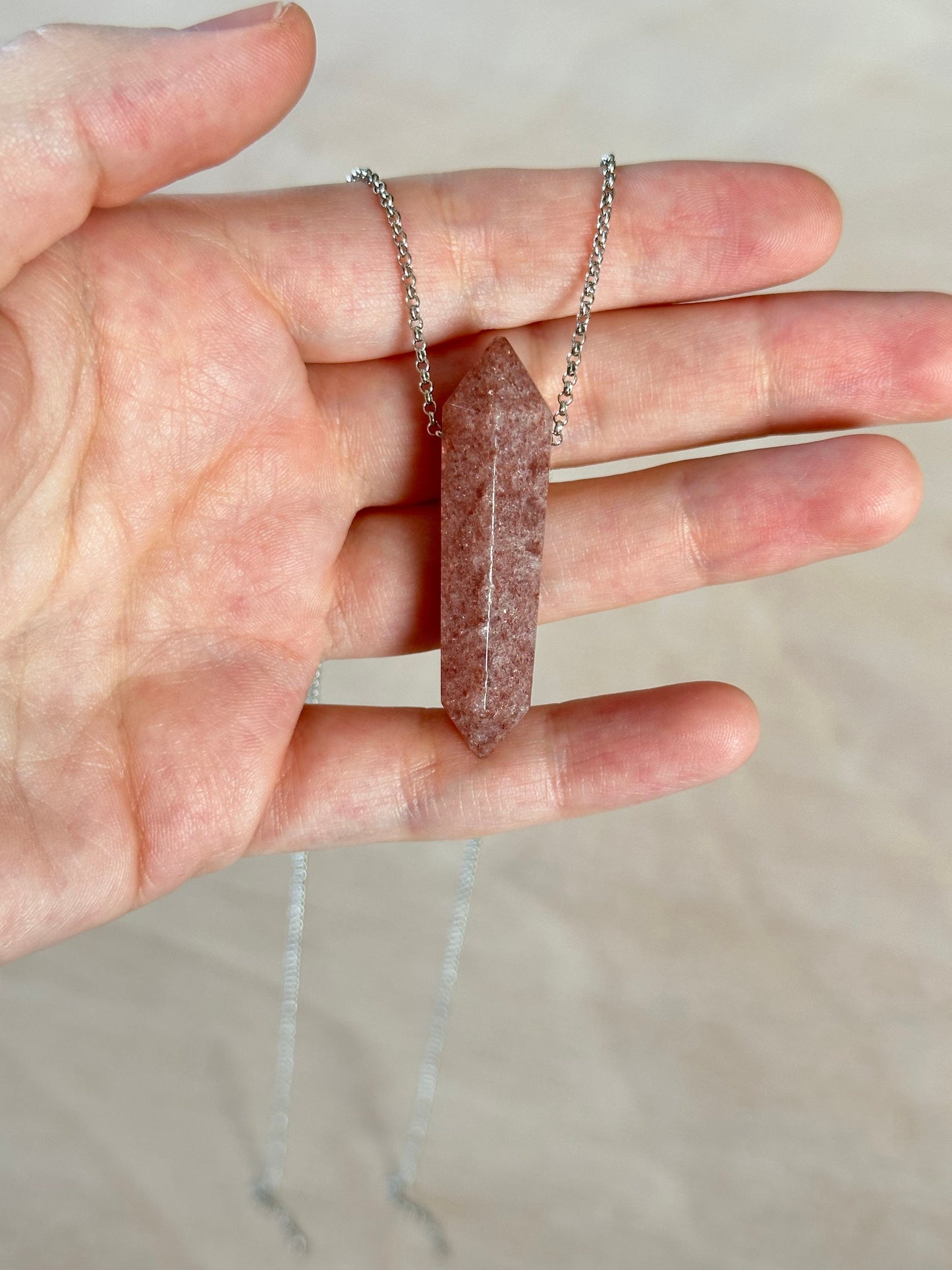 Strawberry Quartz Point Necklace | Crystal Gemstone Tower Pendant | Double Terminated Crystal | Strawberry Quartz Jewelry