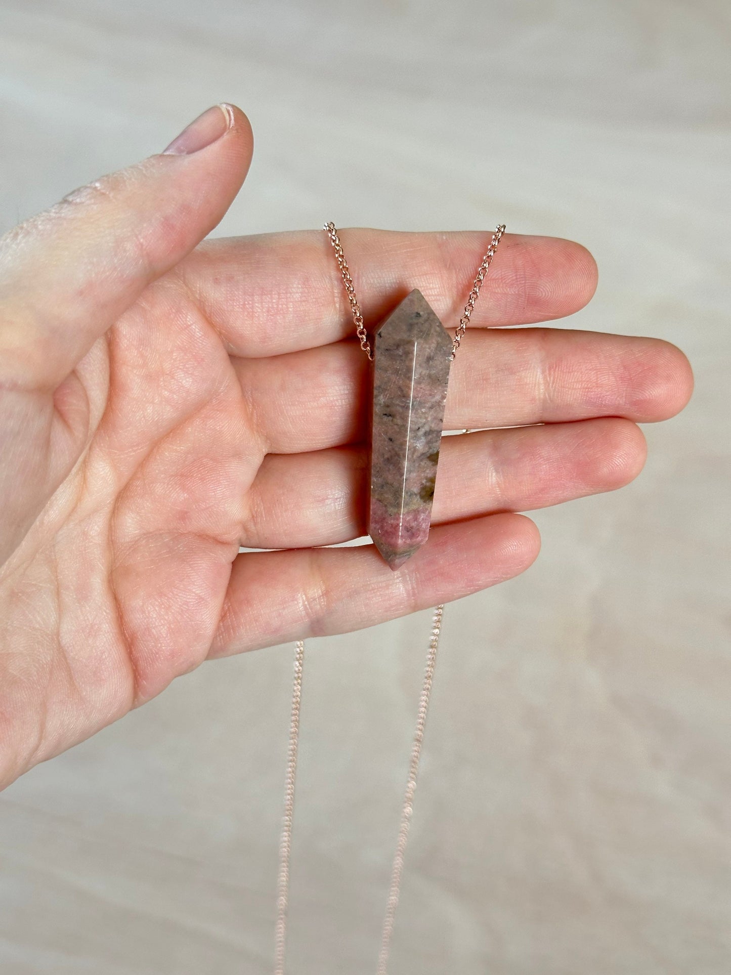 Rhodonite Point Necklace | Crystal Gemstone Tower Pendant | Double Terminated Crystal | Rhodonite Jewelry