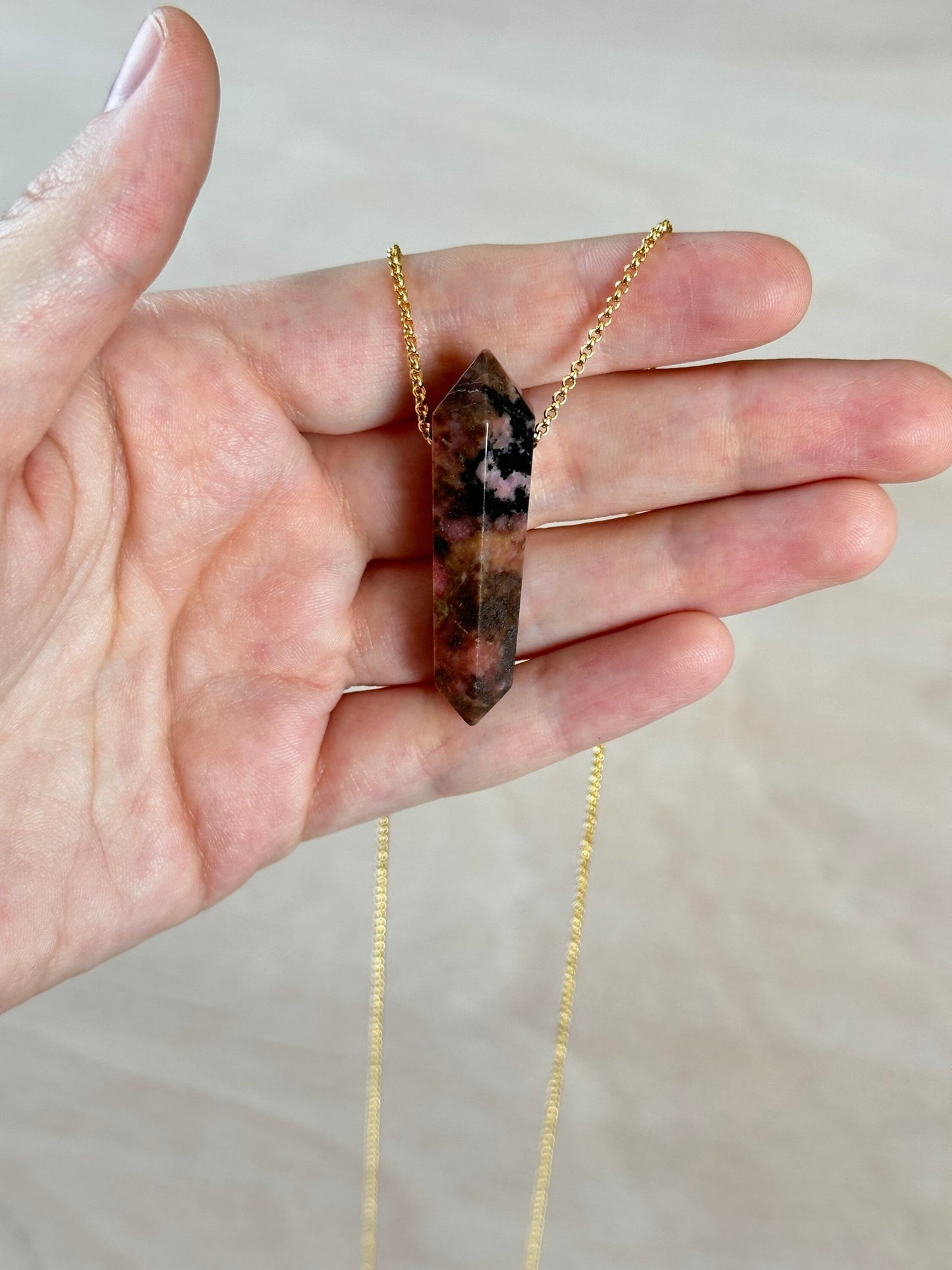 Rhodonite Point Necklace | Crystal Gemstone Tower Pendant | Double Terminated Crystal | Rhodonite Jewelry