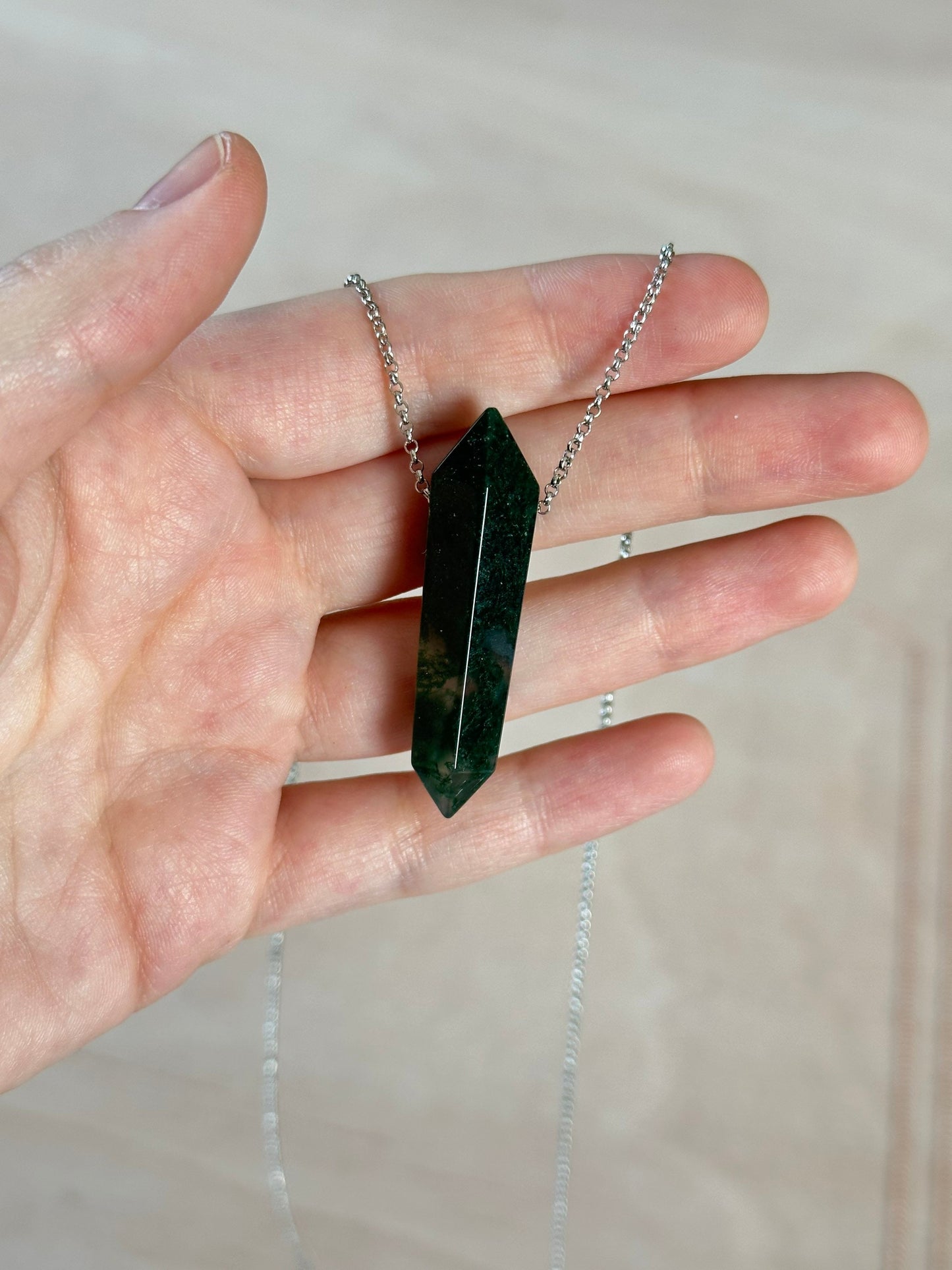 Moss Agate Point Necklace | Crystal Gemstone Tower Pendant | Double Terminated Crystal | Moss Agate Jewelry