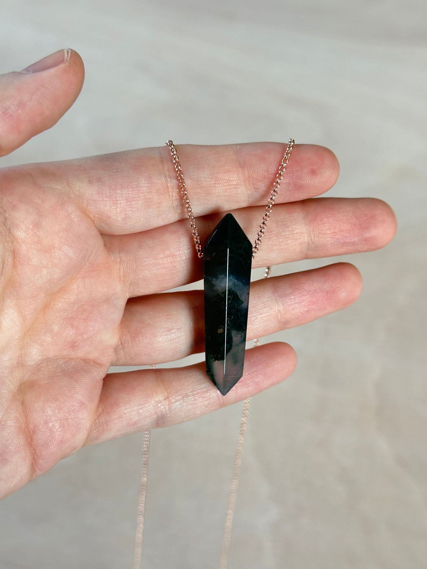 Moss Agate Point Necklace | Crystal Gemstone Tower Pendant | Double Terminated Crystal | Moss Agate Jewelry