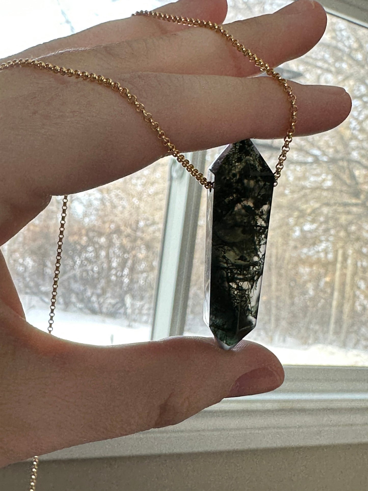Moss Agate Point Necklace | Crystal Gemstone Tower Pendant | Double Terminated Crystal | Moss Agate Jewelry