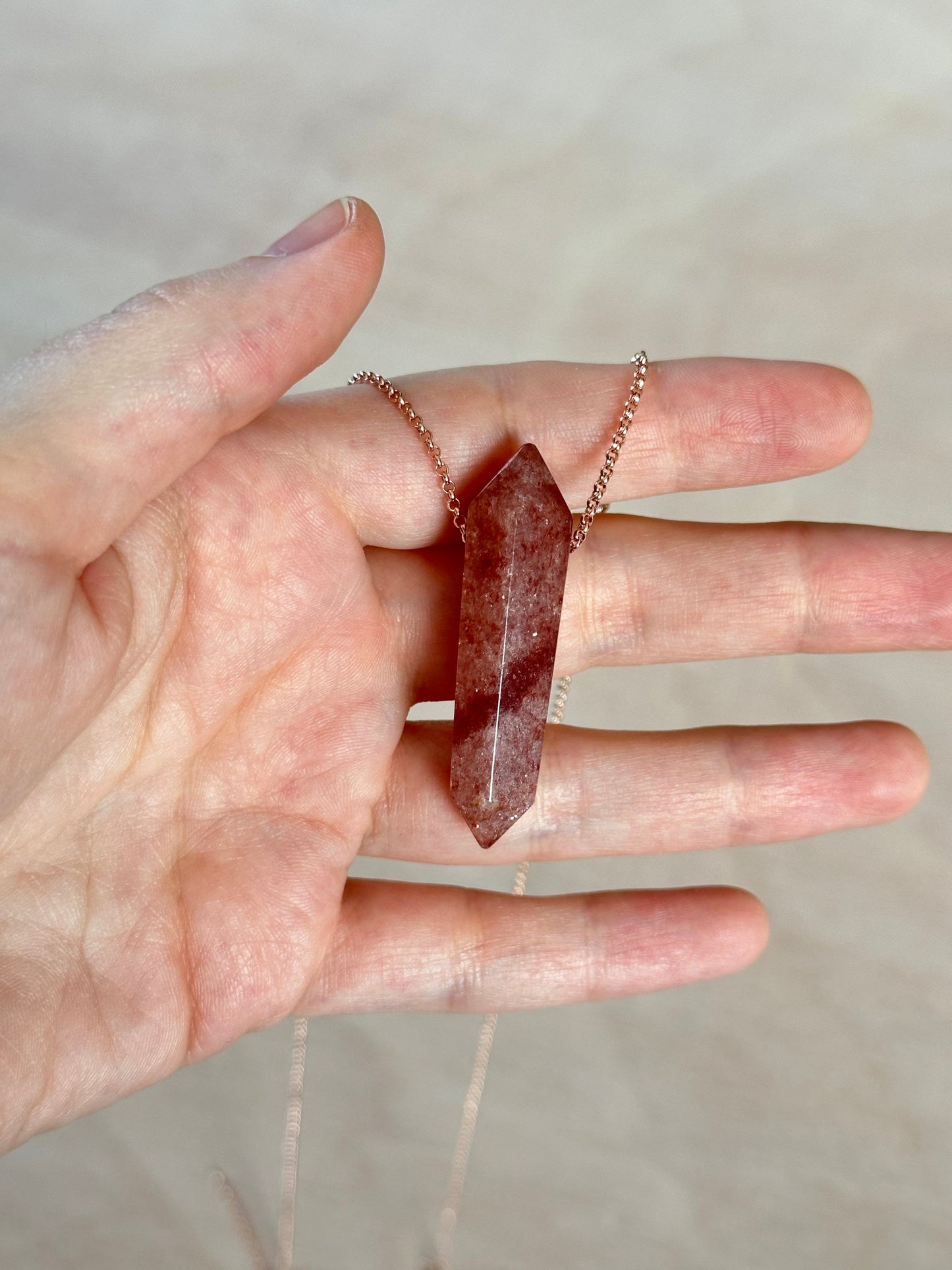 Strawberry Quartz Point Necklace | Crystal Gemstone Tower Pendant | Double Terminated Crystal | Strawberry Quartz Jewelry