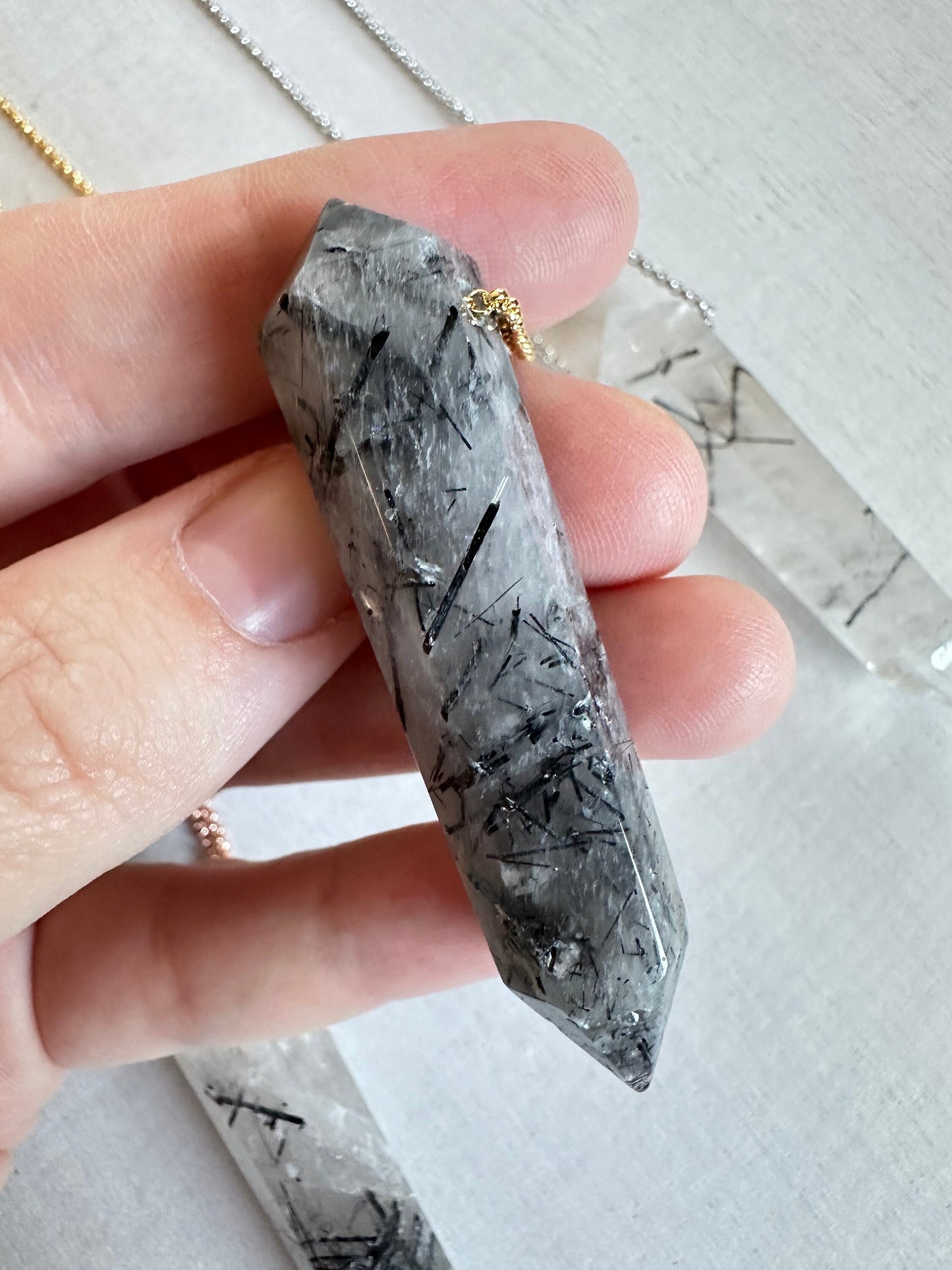 Black Rutile Point Necklace | Crystal Gemstone Tower Pendant | Double Terminated Crystal | Rutile Quartz Jewelry