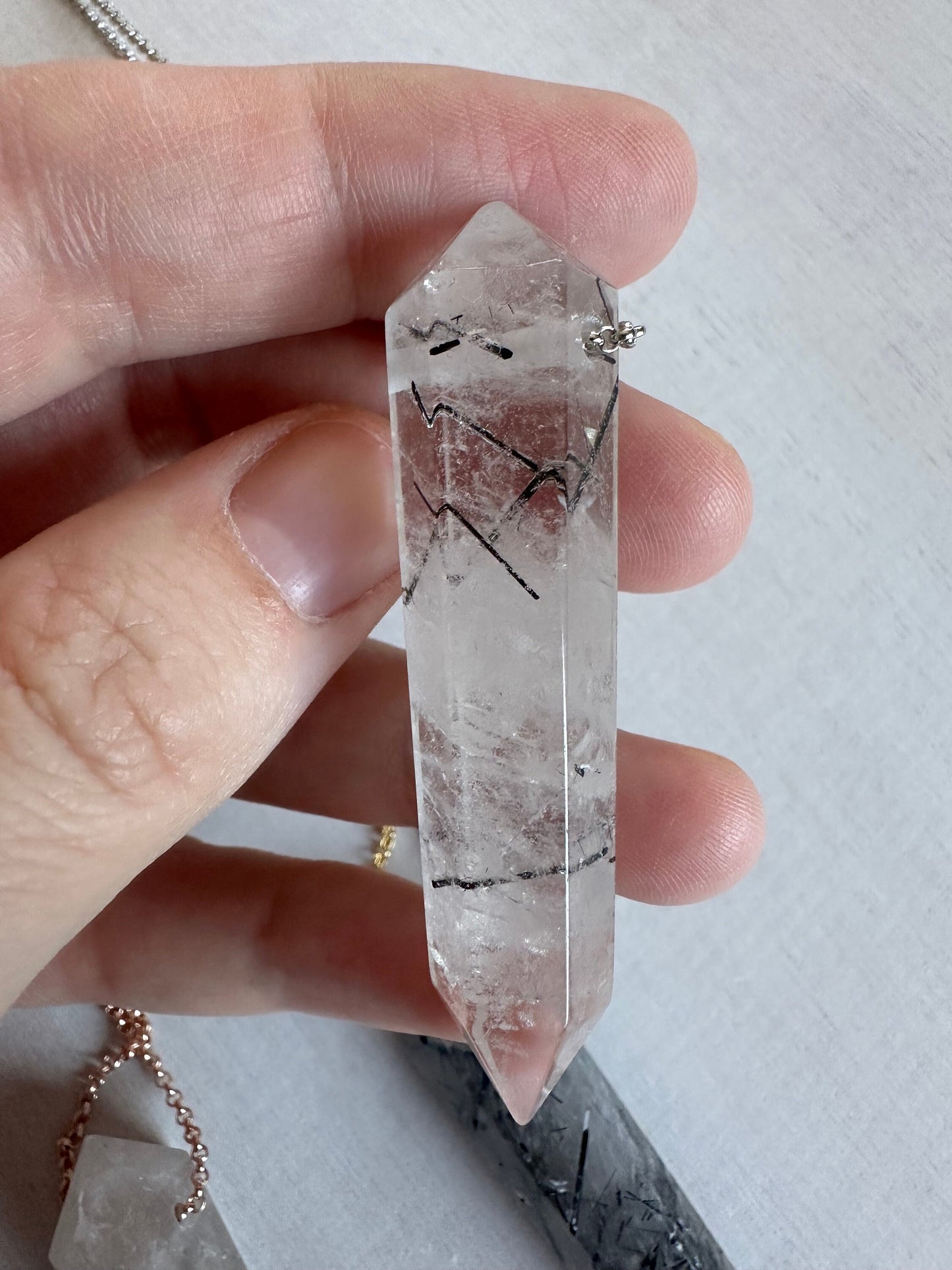 Black Rutile Point Necklace | Crystal Gemstone Tower Pendant | Double Terminated Crystal | Rutile Quartz Jewelry