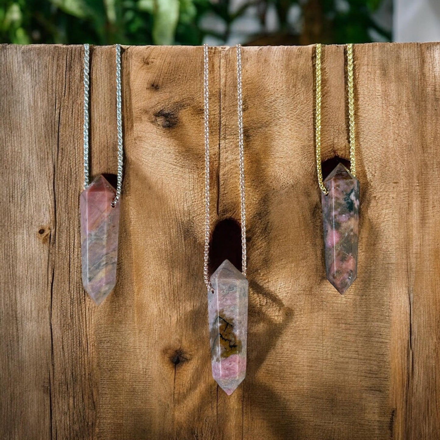 Rhodonite Point Necklace | Crystal Gemstone Tower Pendant | Double Terminated Crystal | Rhodonite Jewelry