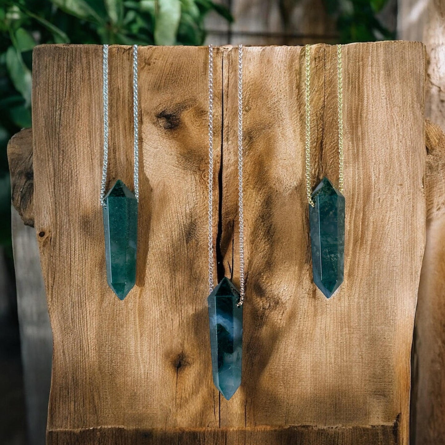 Moss Agate Point Necklace | Crystal Gemstone Tower Pendant | Double Terminated Crystal | Moss Agate Jewelry