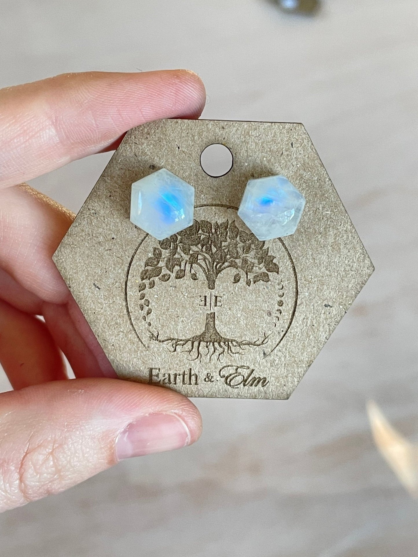 Moonstone Hexagon Cut Studs - earthandelm