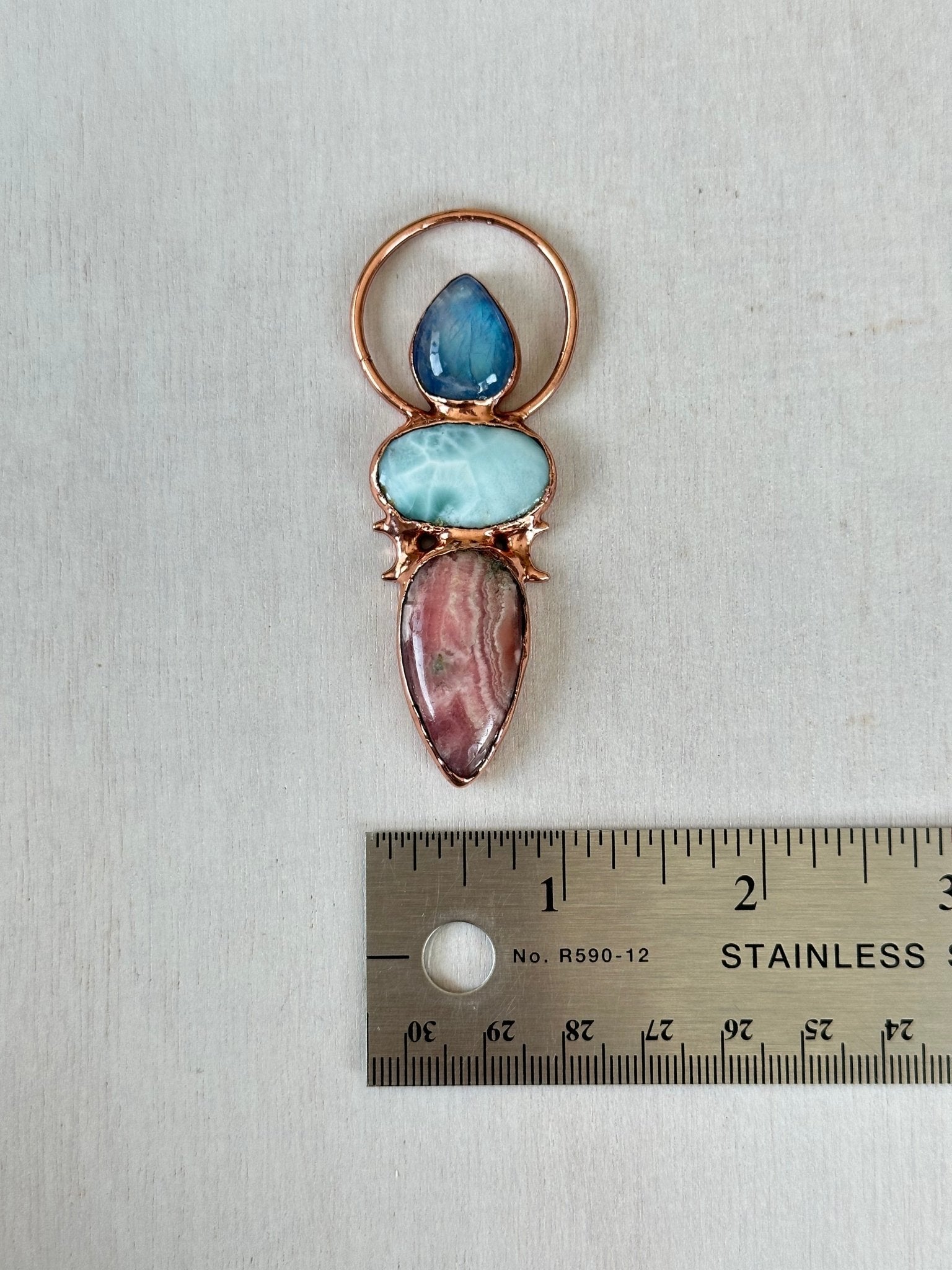Moonstone, Larimar & Rhodochrosite Pendant - earthandelm