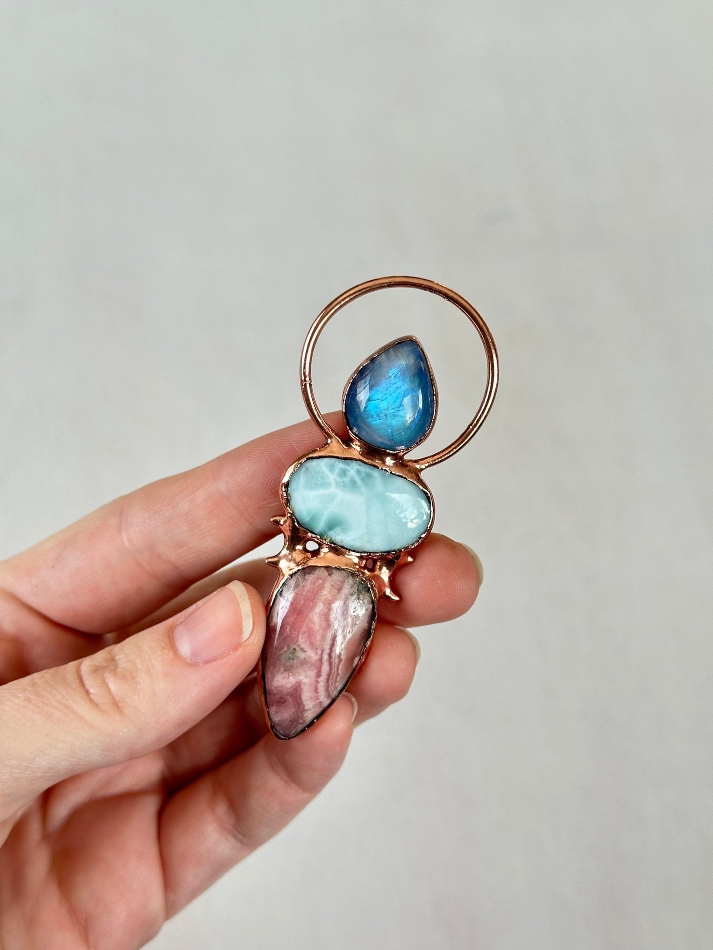 Moonstone, Larimar & Rhodochrosite Pendant - earthandelm