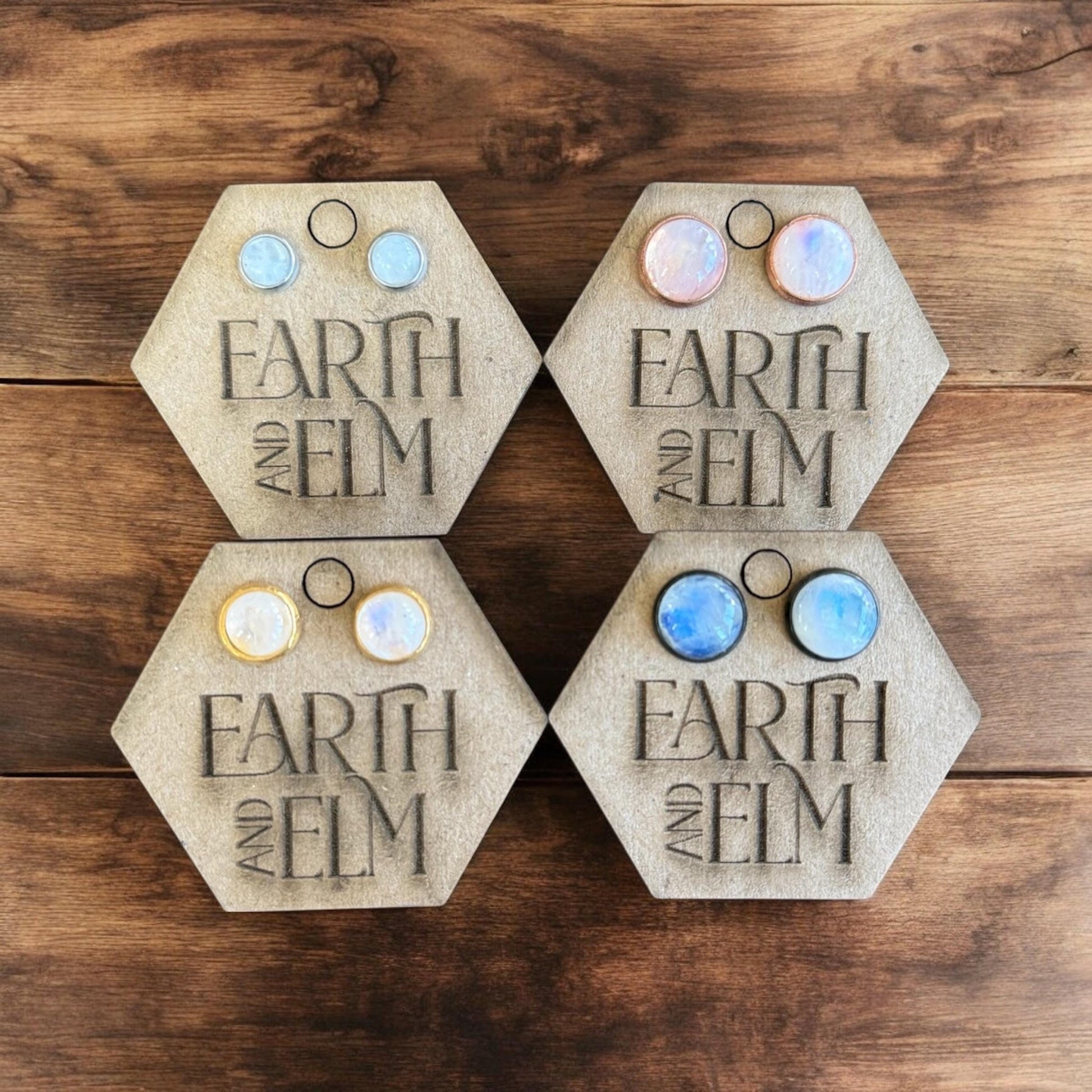 Moonstone Round Stud Earrings in Settings - earthandelm