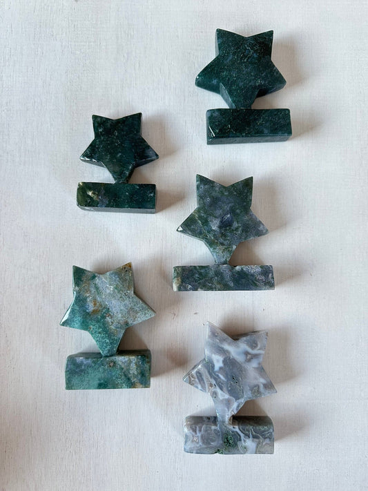 Moss Agate Star | Self Standing Gemstone | Display Carved Crystal - earthandelm
