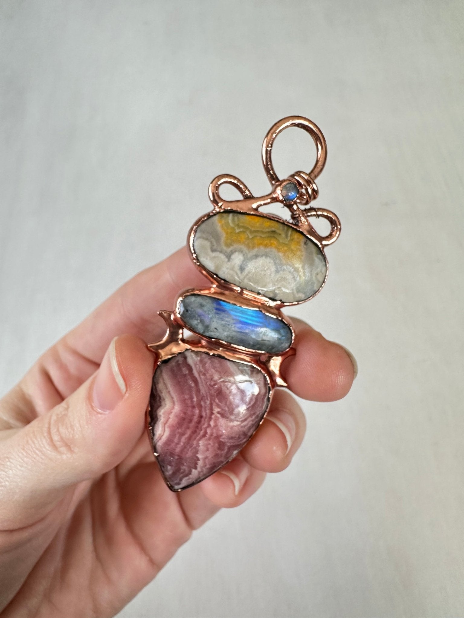 Bumblebee Jasper, Moonstone and Rhodochrosite Pendant - earthandelm