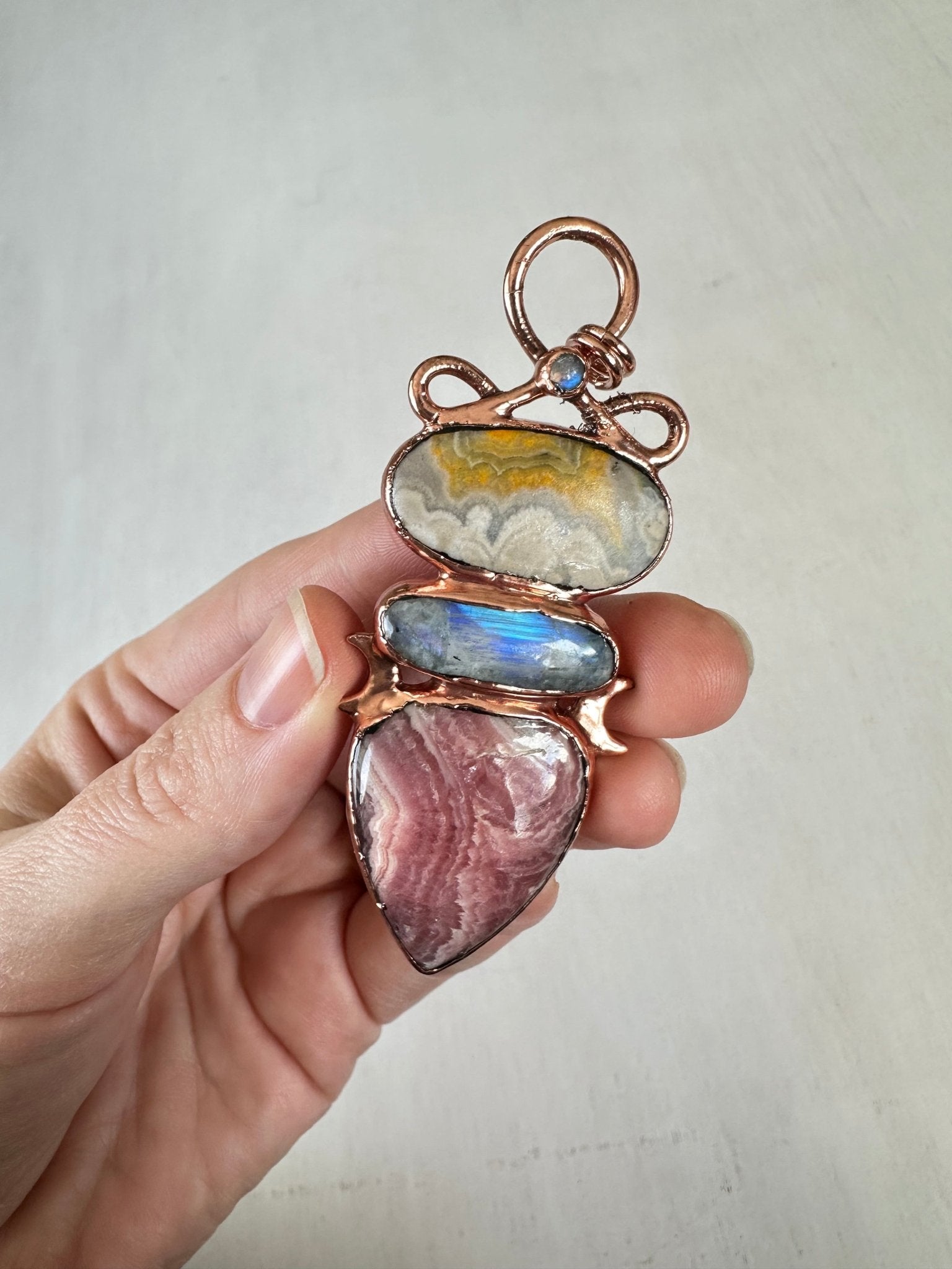 Bumblebee Jasper, Moonstone and Rhodochrosite Pendant - earthandelm