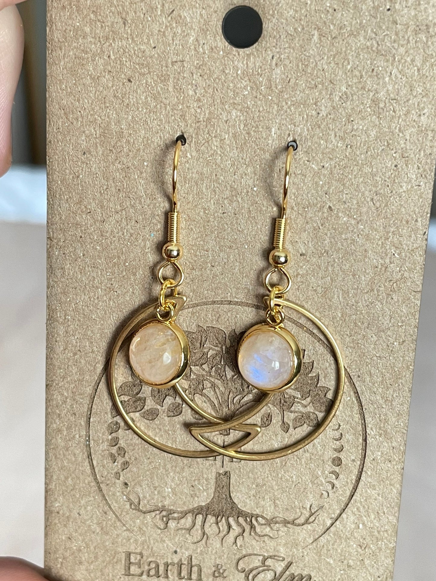 Moonstone Moon Dangle Drop | Moonstone Earrings | 10mm Dangle Earrings | Gemstone Earrings |