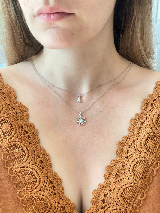 Silver Sun & Moon Necklace Set | Friendship Necklace | Minimalist Silver Opal Layering Necklace