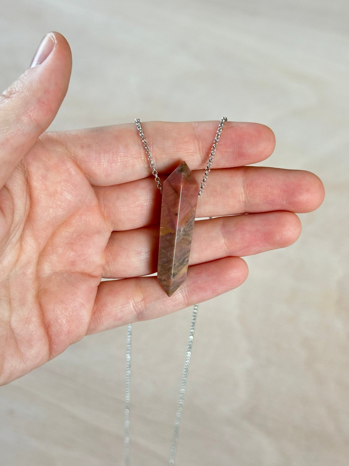 Rhodonite Point Necklace | Crystal Gemstone Tower Pendant | Double Terminated Crystal | Rhodonite Jewelry