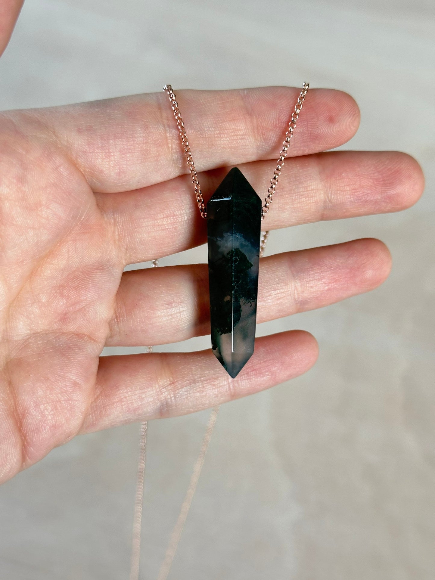 Moss Agate Point Necklace | Crystal Gemstone Tower Pendant | Double Terminated Crystal | Moss Agate Jewelry