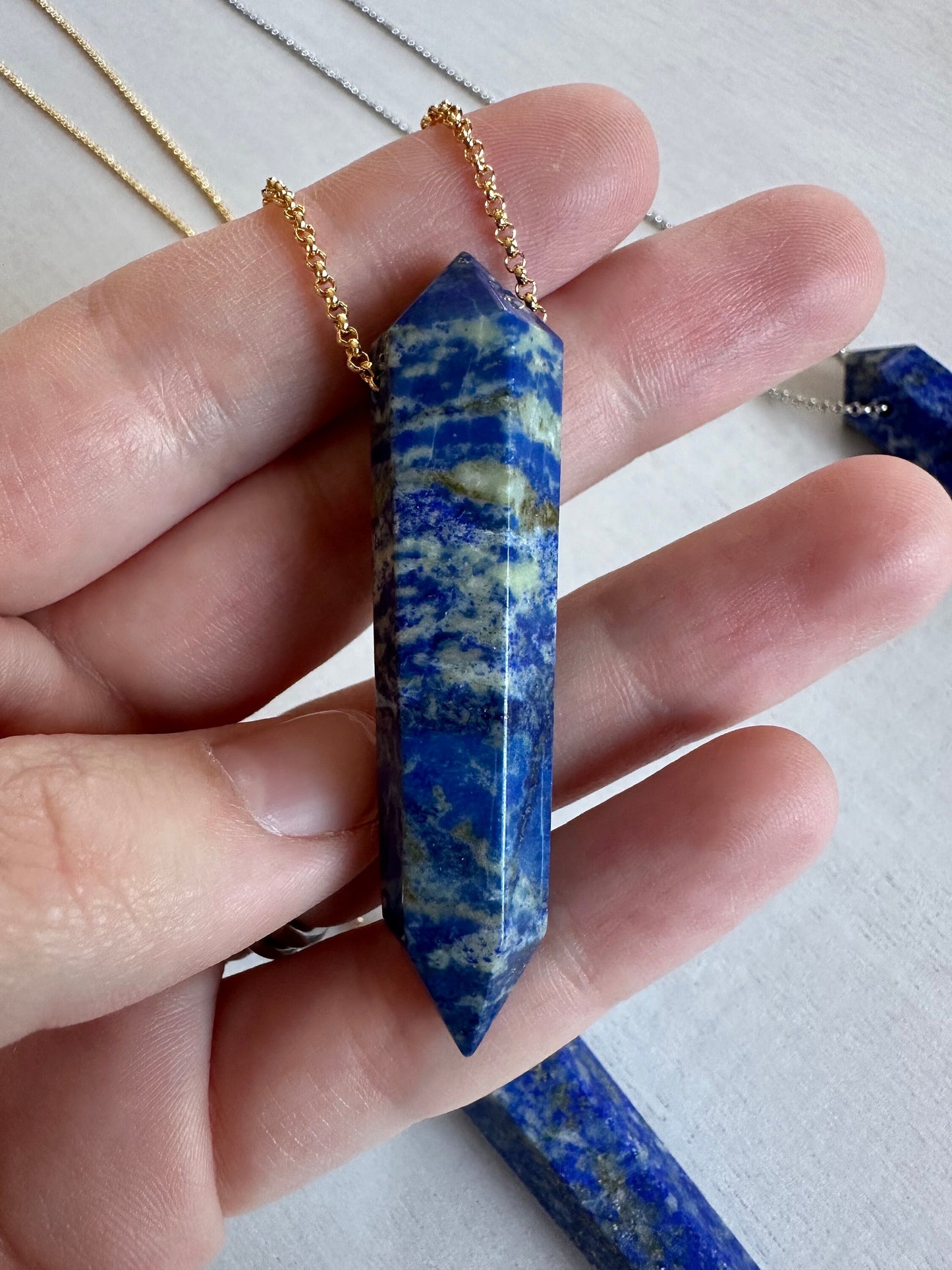Lapis Lazuli Point Necklace | Crystal Gemstone Tower Pendant | Double Terminated Crystal | Lapis Jewelry