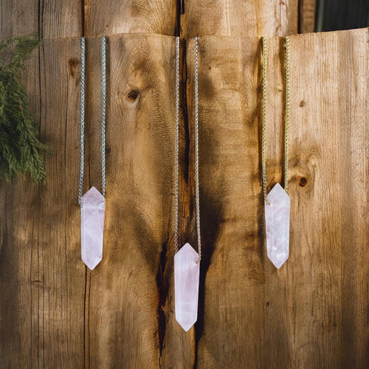 Rose Quartz Point Necklace | Crystal Gemstone Tower Pendant | Double Terminated Crystal | Rose Quartz Jewelry