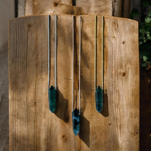 Moss Agate Point Necklace | Crystal Gemstone Tower Pendant | Double Terminated Crystal | Moss Agate Jewelry