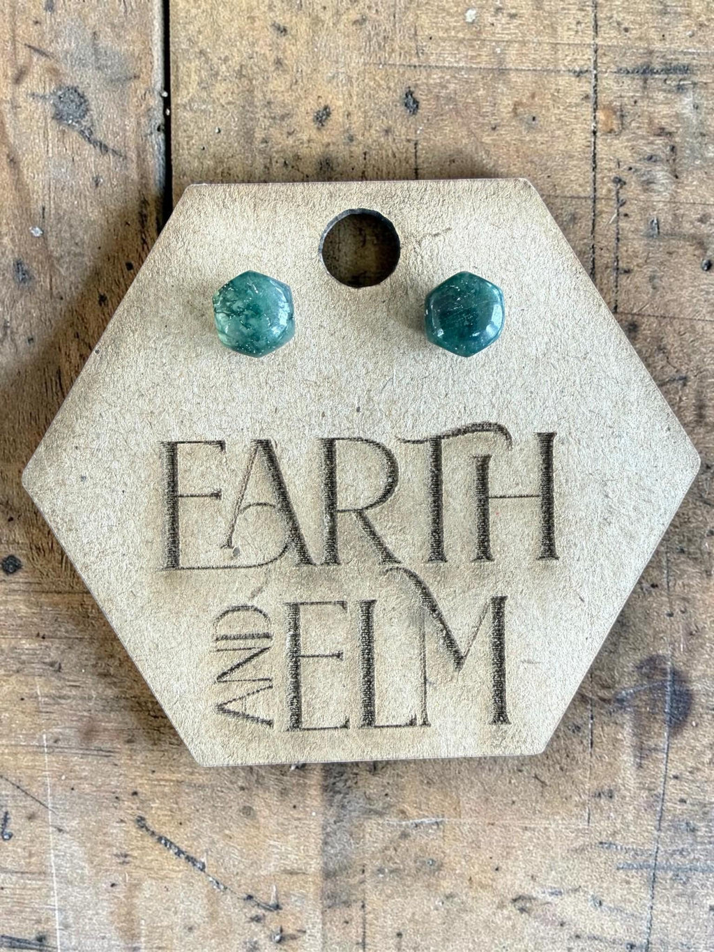 Moss Agate Hexagon Cut Stud Earrings | Authentic Gemstone Studs