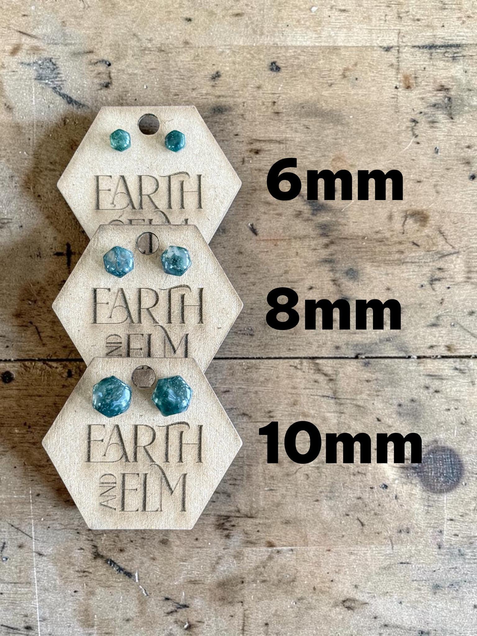 Moss Agate Hexagon Cut Stud Earrings | Authentic Gemstone Studs