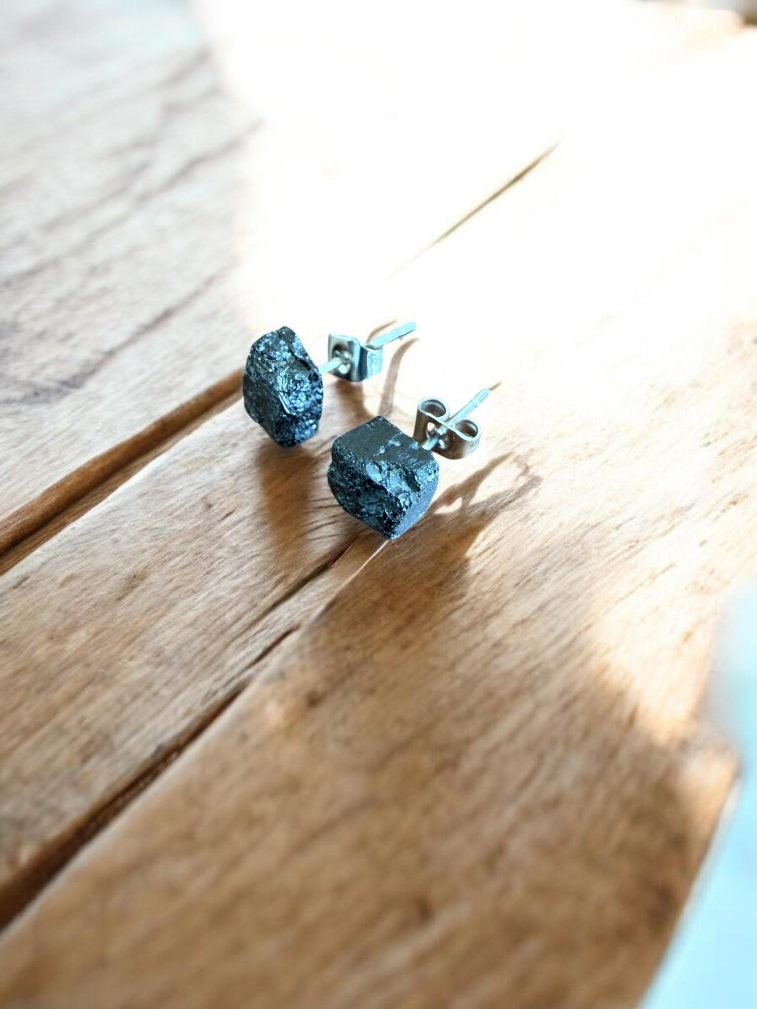 Raw Black Tourmaline Stud Earrings | Gemstone Studs | Natural Stone Jewelry