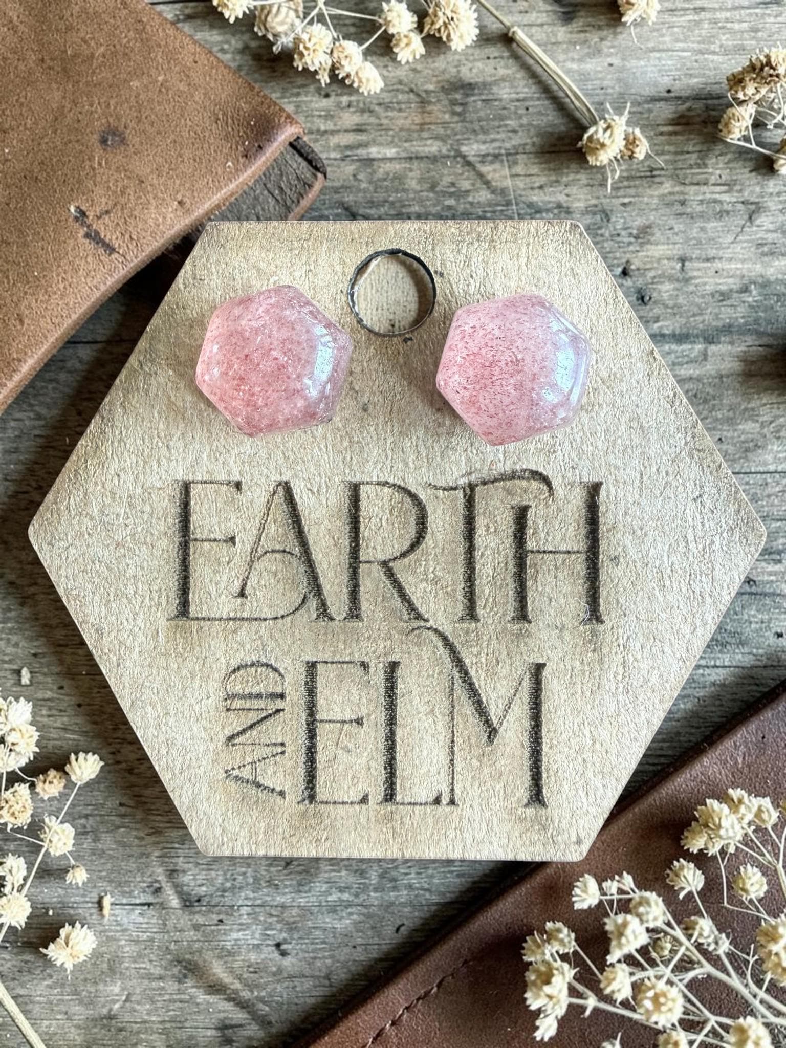 Strawberry Quartz Hexagon Cut Stud Earrings | Authentic Gemstone Studs