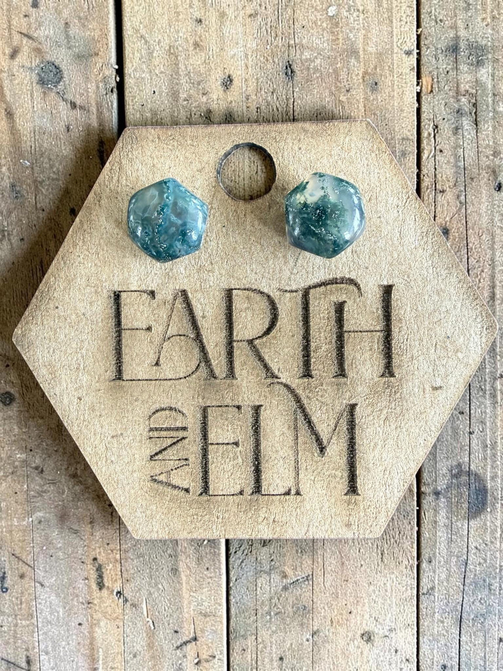 Moss Agate Hexagon Cut Stud Earrings | Authentic Gemstone Studs