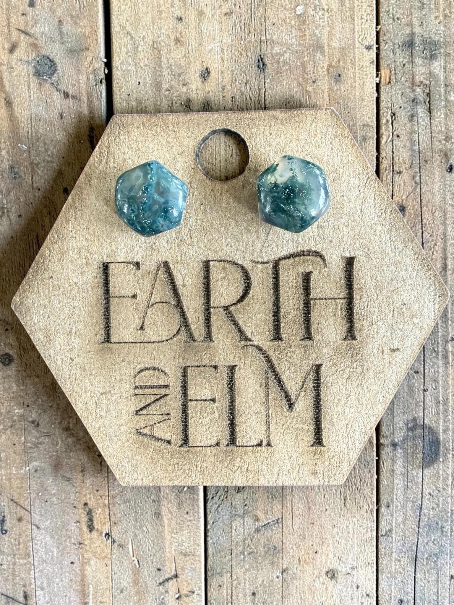 Moss Agate Hexagon Cut Stud Earrings | Authentic Gemstone Studs