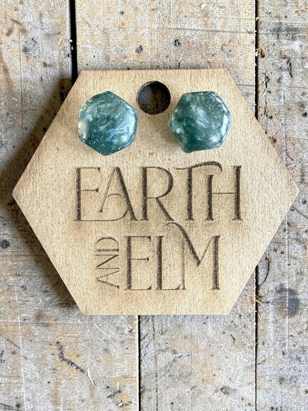 Moss Agate Hexagon Cut Stud Earrings | Authentic Gemstone Studs