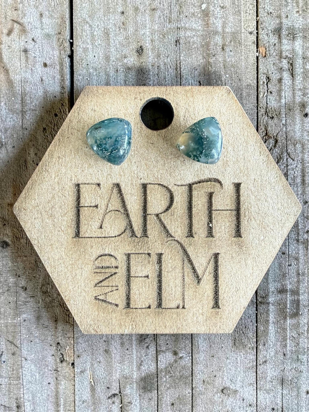 Moss Agate Trillion Cut Stud Earrings | Authentic Gemstone Studs