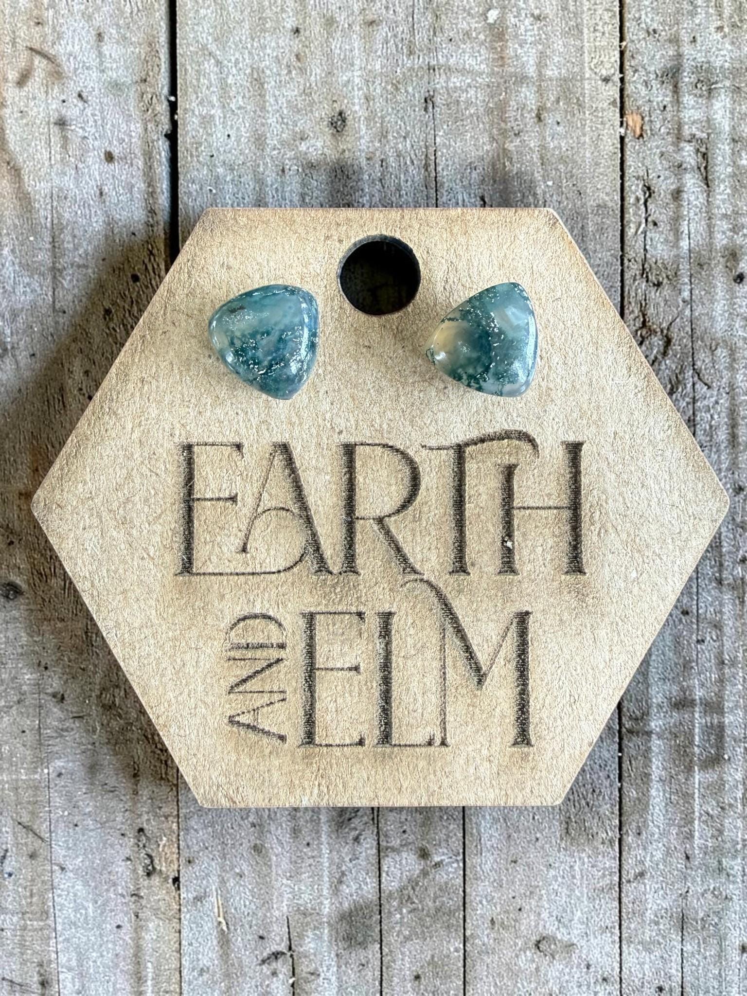 Moss Agate Trillion Cut Stud Earrings | Authentic Gemstone Studs