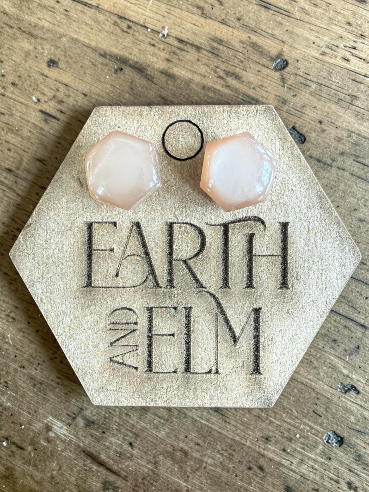 Peach Moonstone Hexagon Studs | Gemstone Stud Earrings | Pink Jewelry