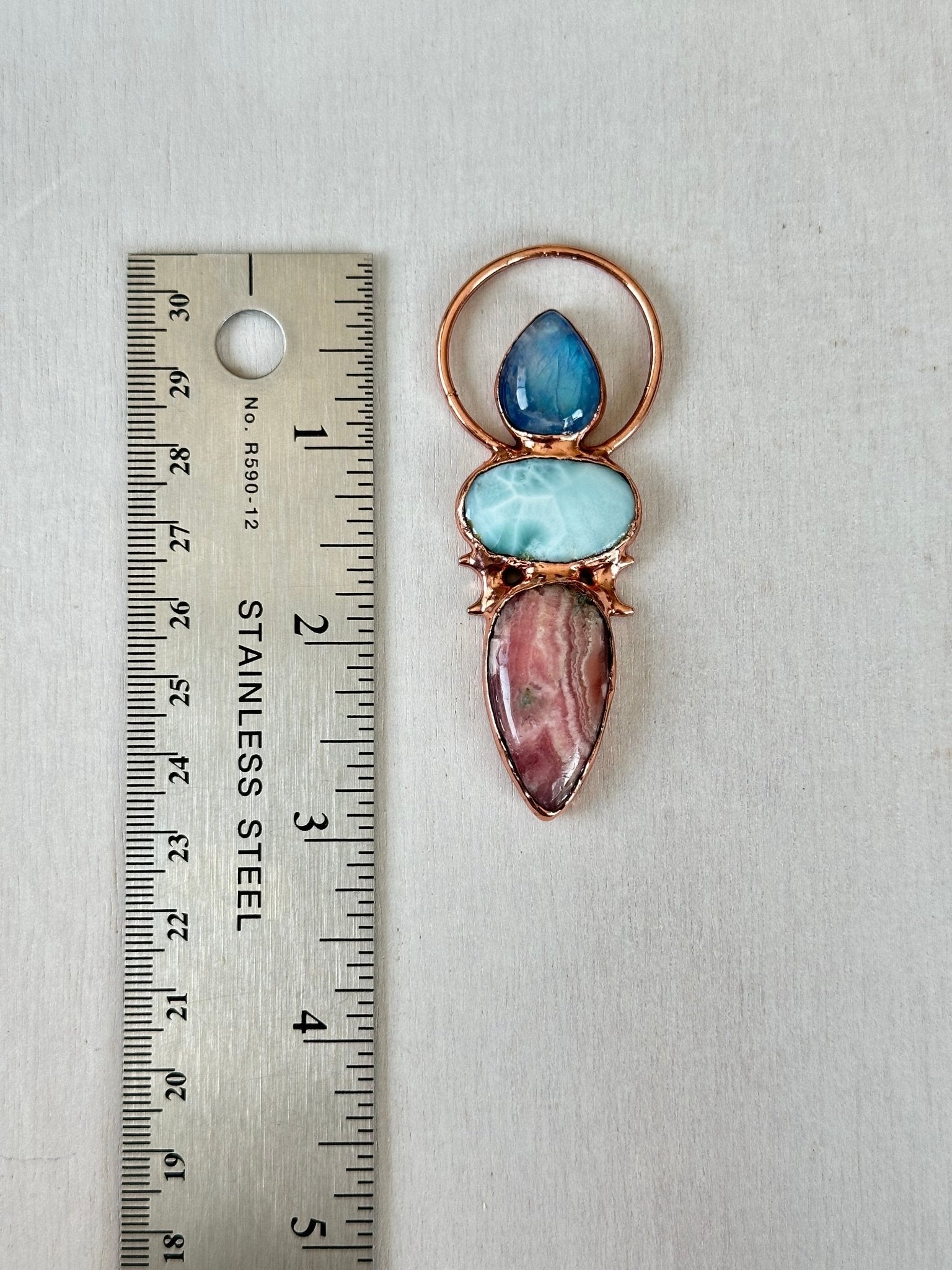 Moonstone, Larimar & Rhodochrosite Pendant - earthandelm