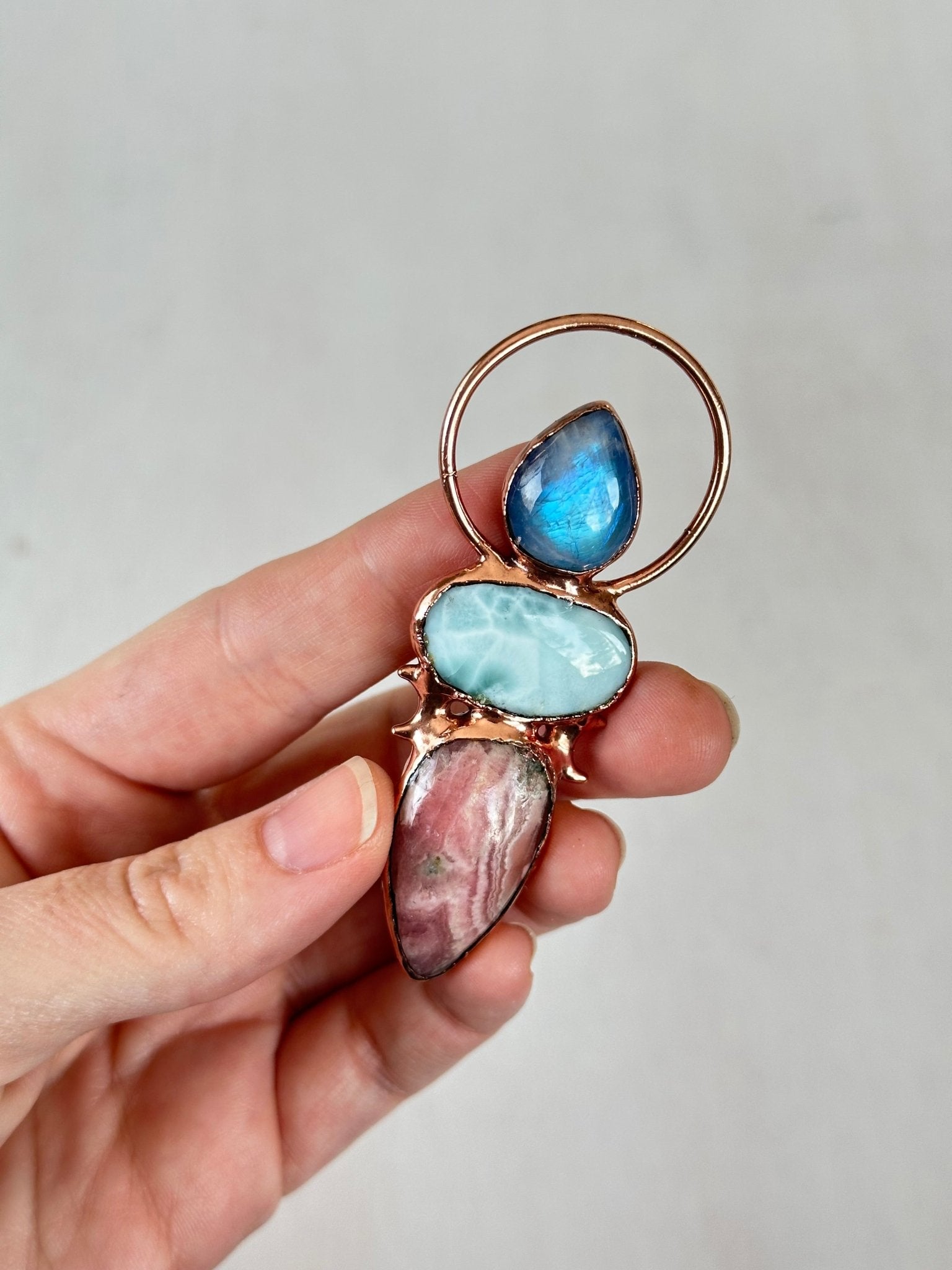 Moonstone, Larimar & Rhodochrosite Pendant - earthandelm