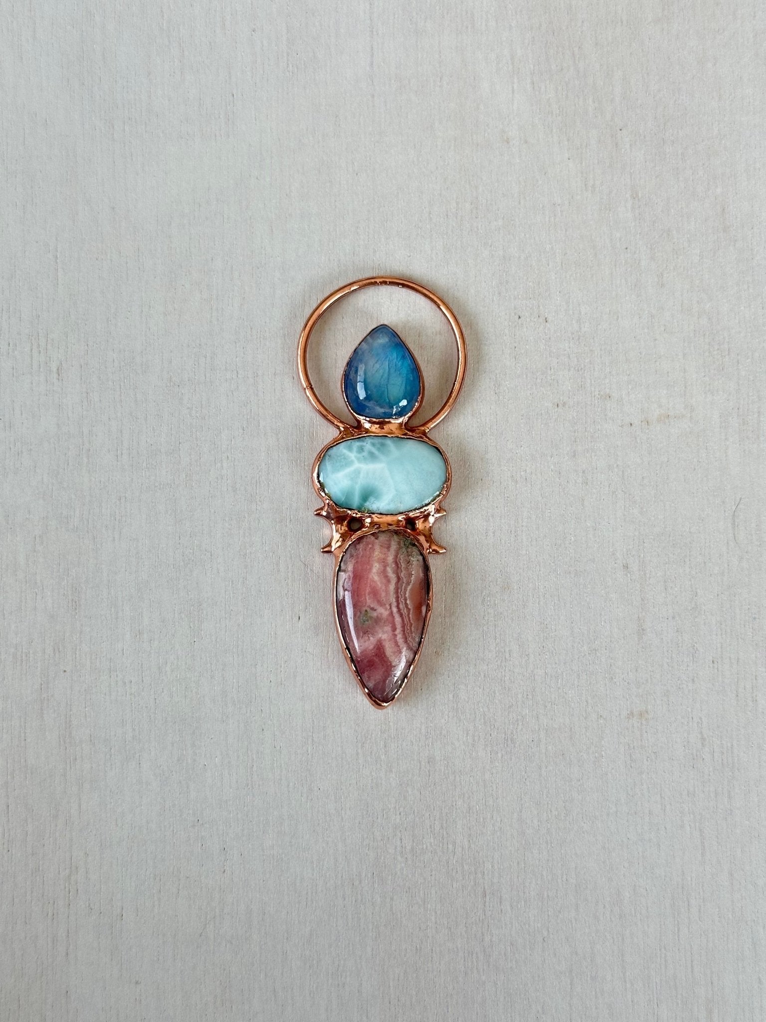 Moonstone, Larimar & Rhodochrosite Pendant - earthandelm