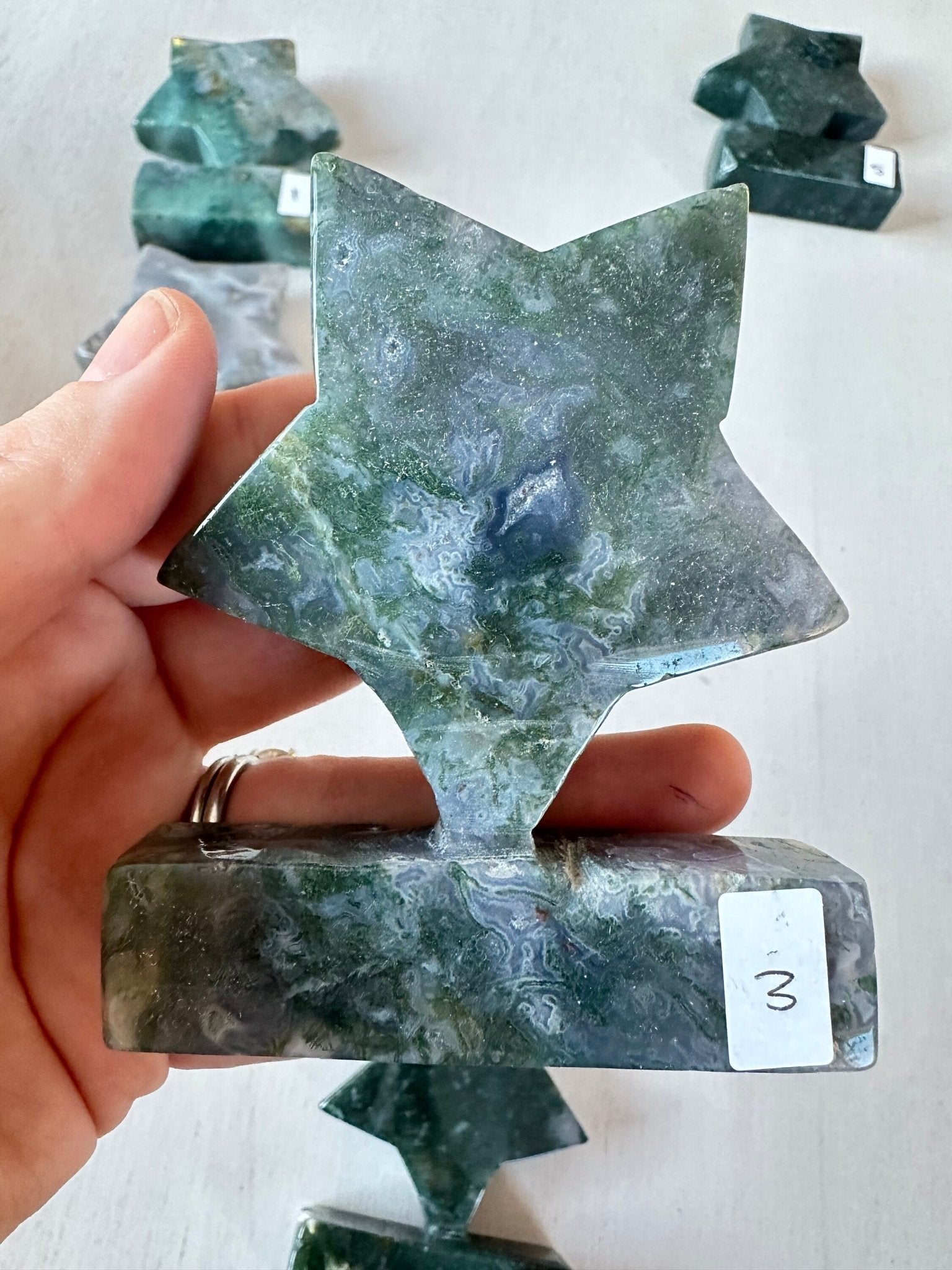 Moss Agate Star | Self Standing Gemstone | Display Carved Crystal - earthandelm