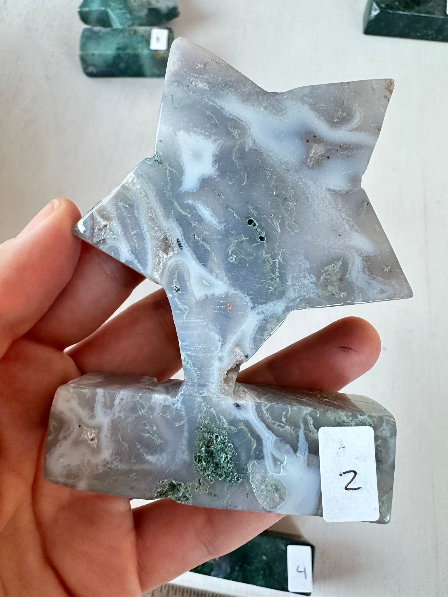 Moss Agate Star | Self Standing Gemstone | Display Carved Crystal - earthandelm